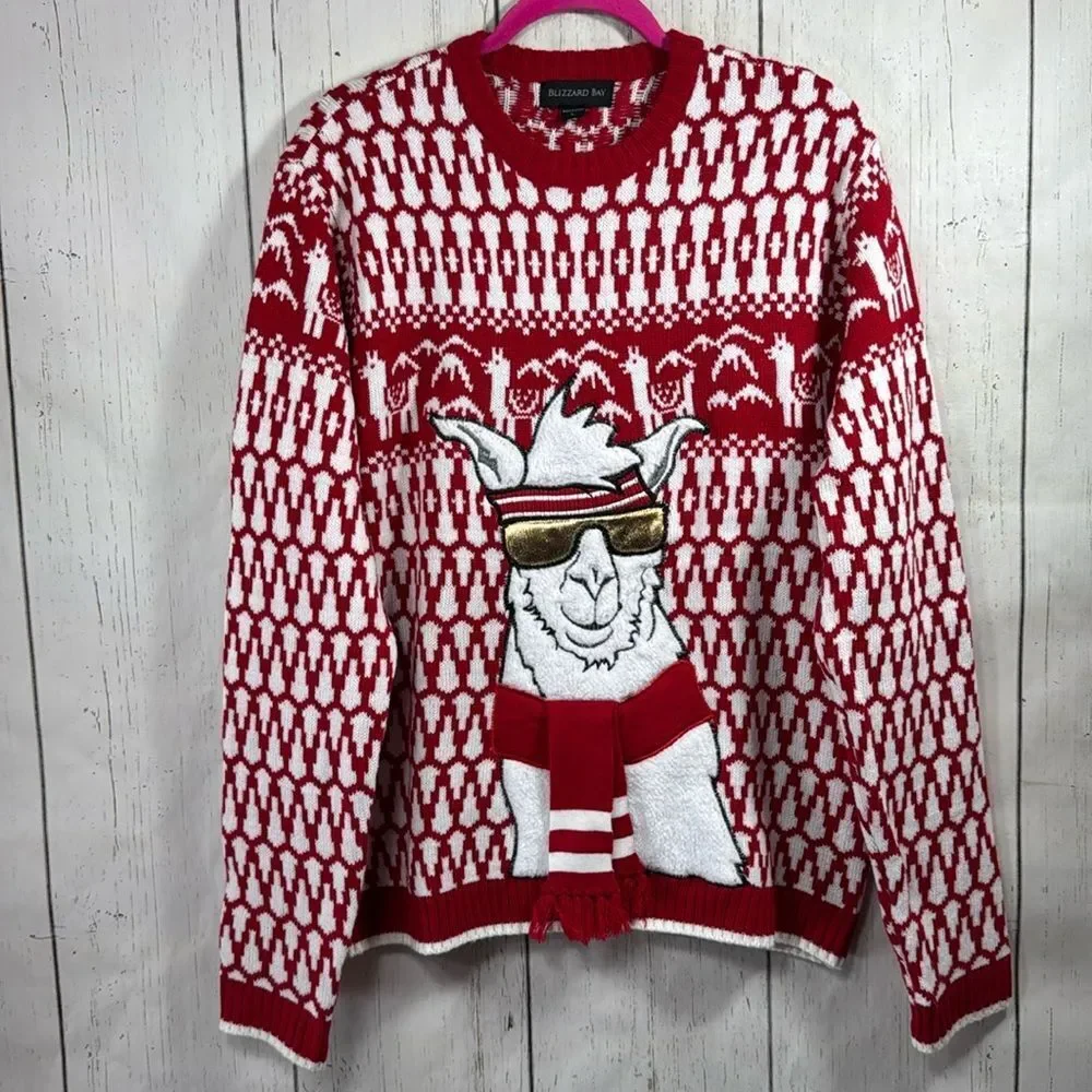 Blizzard Bay Llama Christmas Sweater Red White Fun Ugly Holiday Festive Winter